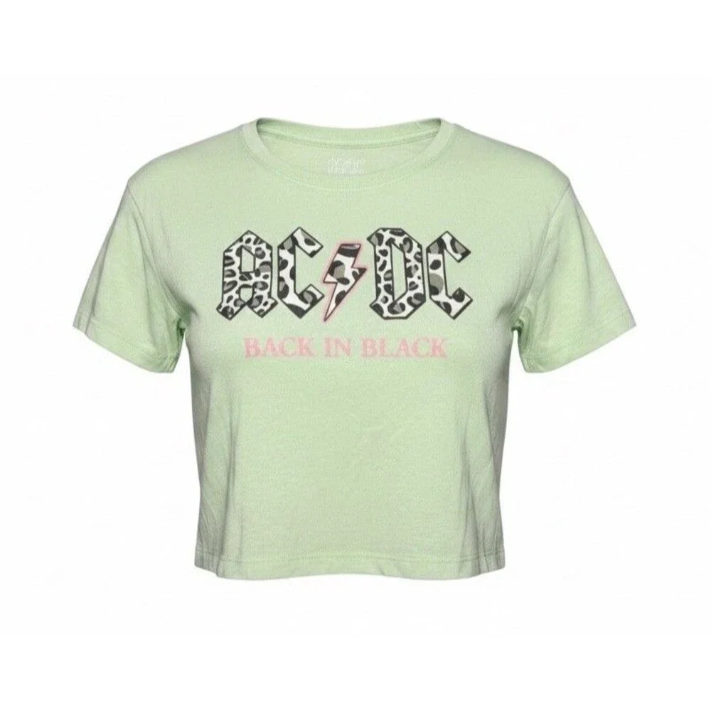 NEW GIRLS SAGE GREEN ACDC AC/DC‎ CROPPED T-SHIRT SIZE Medium 8